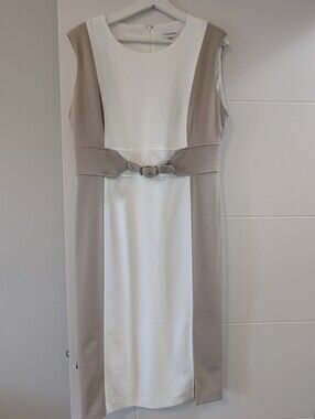 Calvin Klein Cream and Taupe Colorblock Midi Sheath Dress with Belt